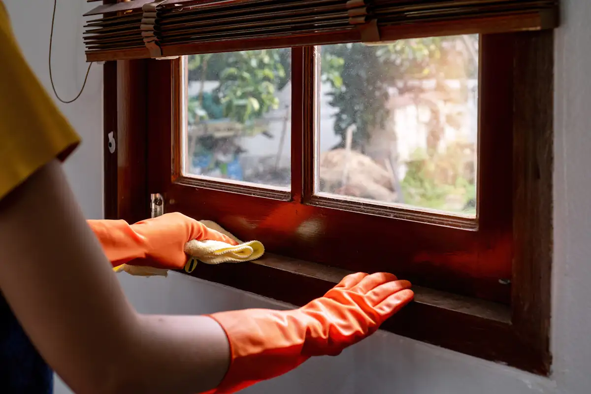Une femme qui nettoie une fenêtre en bois