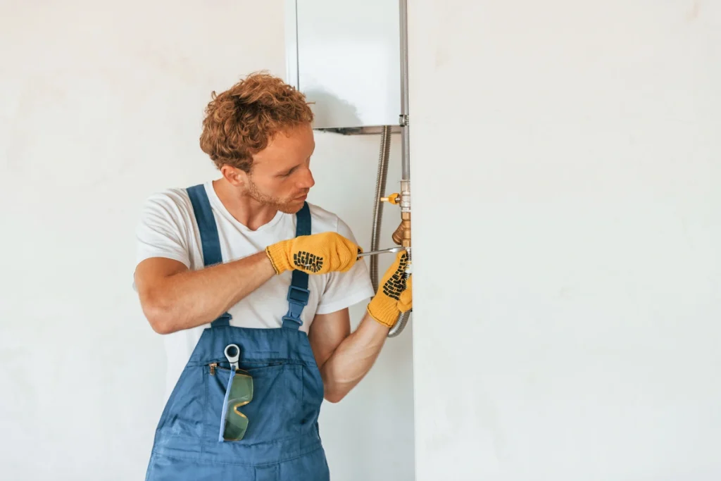 Un homme qui installe une chaudière à gaz