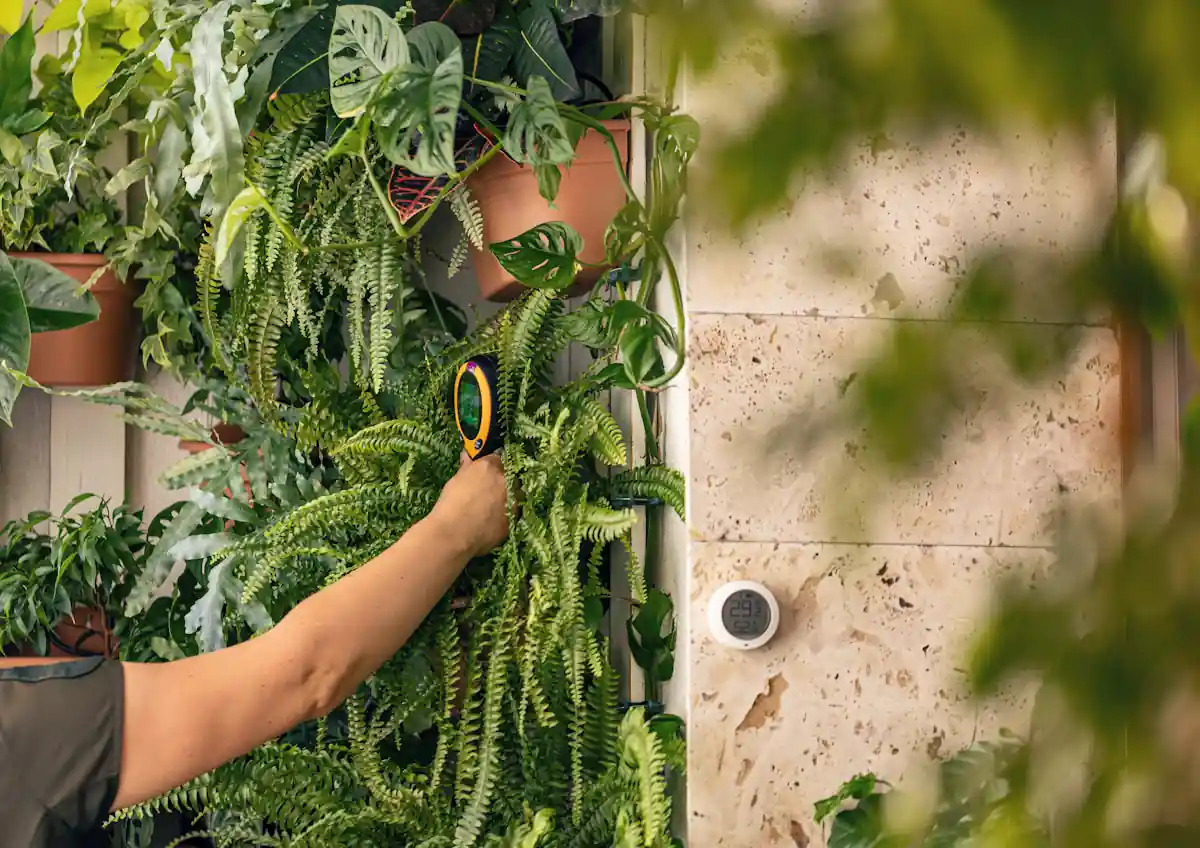 Un homme qui programme un arroseur automatique sur un mur végétalisé