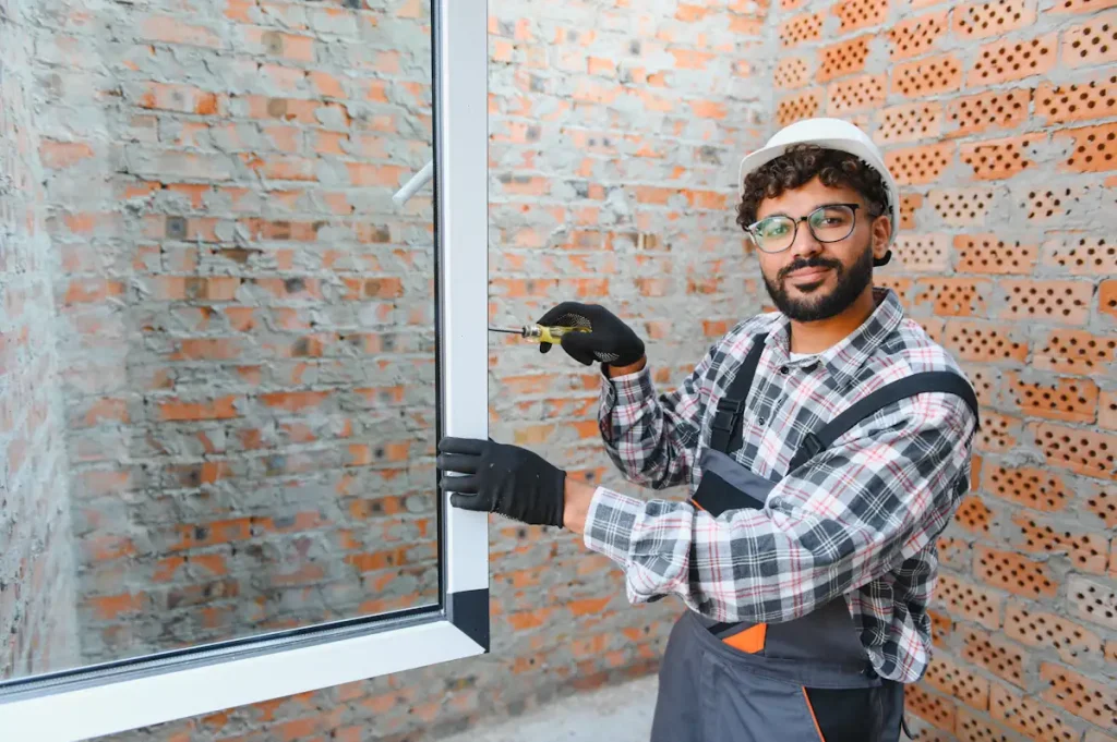 Un homme qui installe un vitre sur une fenêtre en alu